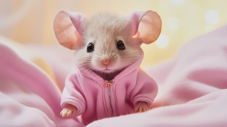 AI generative illustration of a cute mouse in pink pajamasの素材