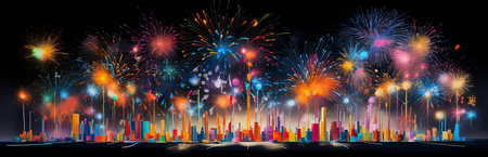 AI generative illustration banner of an abstract 3D pixel art fireworks over cityscapeの素材