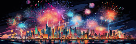AI generative illustration banner of an abstract 3D pixel art fireworks over cityscapeの素材