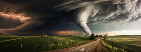 AI generative illustration of a huge tornado over rural landscapeの素材