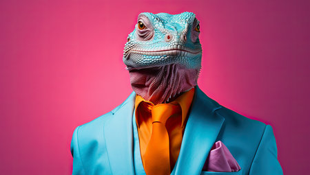 AI generative illustration of a lizard in a blue suit against pink backgroundの素材