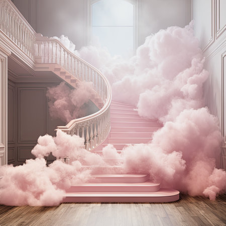 AI generative dreamlike illustration of pink stairs in clouds in a roomの素材