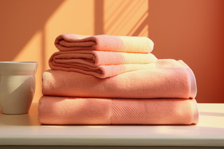 AI generative illustration of a stack of light pink colored towels on a white surfaceの素材