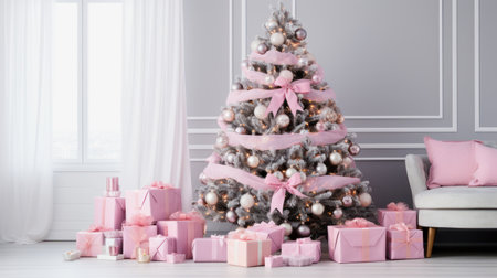 AI generative illustration with a Christmas tree and presents under it in pink colorsの素材