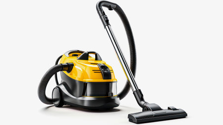 AI generative illustration of a black yellow vacuum cleaner against white backgroundの素材