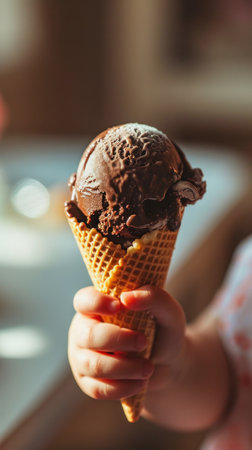 AI generative illustration of a toddler hand holding an ice cream cone with chocolate iceの素材