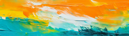 ai generative illustration of an acrylic painting banner with brush traces in green and orange colorの素材