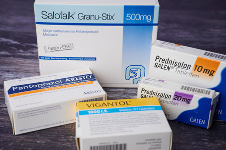 Mainz, Germany - Feb 04, 2024: Various medications that can be used in the treatment of intestinal diseases, including the active ingredient mesalazine and cortisoneのeditorial素材