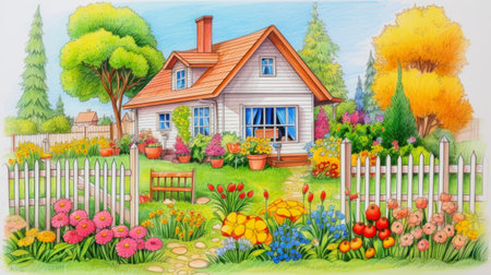 ai generative illustration of drawing in the style of a colored pencil drawing, depicting a house with gardenの素材