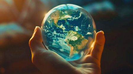 AI generative illustration of a planet earth glass ball in a handの素材