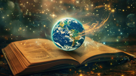 AI generative illustration of a planet earth floating over an opened book, symbol for the knowledge of the worldの素材