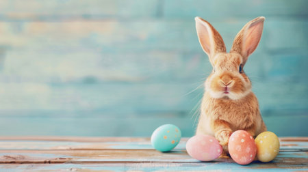AI generative illustration of a brown cute Easter bunny with small pastel colored eggs in front of a blue backgroundの素材