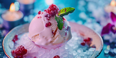 AI generative illustration of a professionally prepared dessert with a vanilla ice cream scoop and raspberry decorationの素材