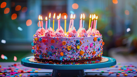 AI generative illustration of a purple birthday cake with lit candlesの素材