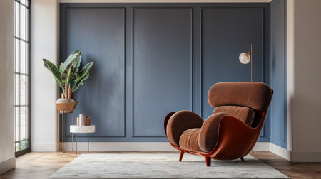 AI generative illustration of a modern brown armchair in front of a blue wall by a windowの素材