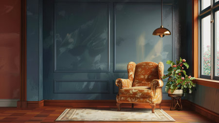 AI generative illustration of a modern brown armchair in front of a blue wall by a windowの素材
