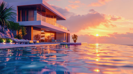 AI generative illustration of a modern vacation home with infinity pool in the sunsetの素材