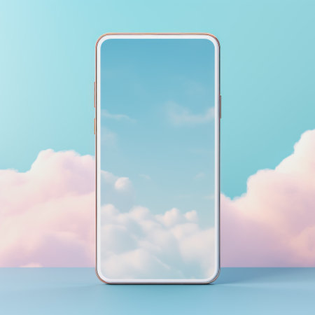 smartphone mockup against a soft colored cloudy skyの写真素材