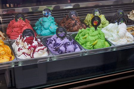 Porec, Istria, Croatia - May 22, 2024: Ice cream display case of an ice cream parlor in Porec,...