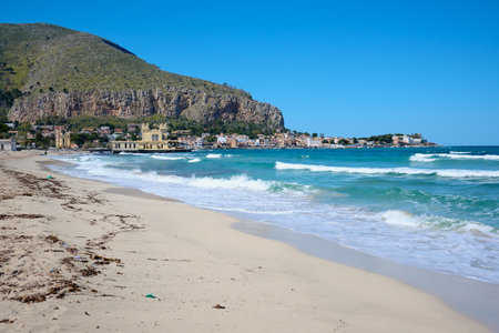 view to Mondello beach of Sicily, Italyの写真素材