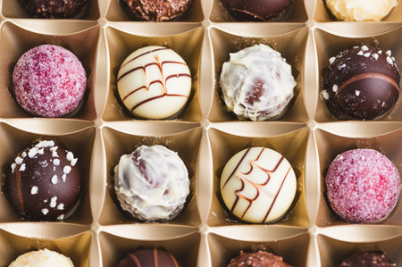 Truffles are presented in a box with various flavors and colors.