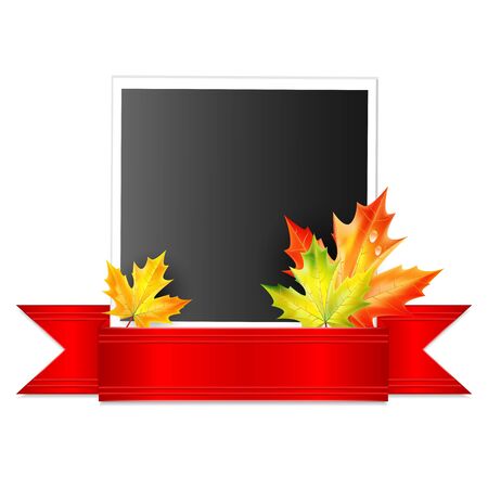 photo with a red ribbon and autumn maple leaves isolated on white background.vectorのイラスト素材