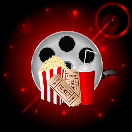 cinema background.items to a movie theater in the blazing neon background.banner for cinema.vectorのイラスト素材