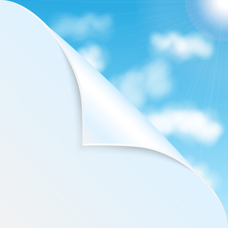 eco background.white clouds against a blue sky.bent corner of white paper and an illustration of blue sky with sun and clouds.vectorのイラスト素材