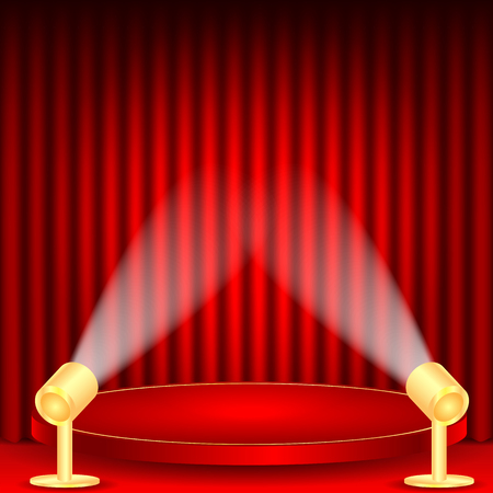 theatrical background.scene and red curtains.scene illuminated floodlights.red podium on a background of red drape curtains.vectorのイラスト素材