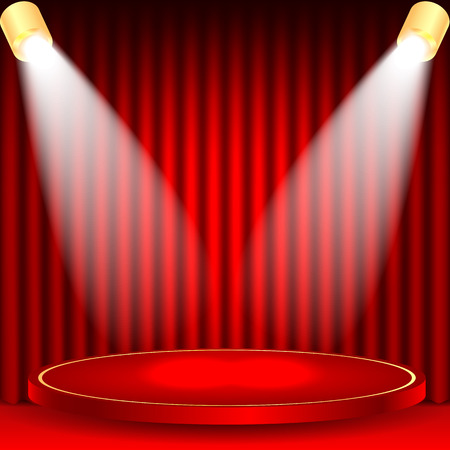 theatrical background.scene and red curtains.scene illuminated floodlights.red podium on a background of red drape curtains.vectorのイラスト素材