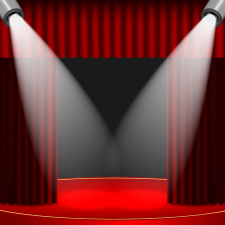 theatrical background.scene and red curtains.scene illuminated floodlights.vectorのイラスト素材