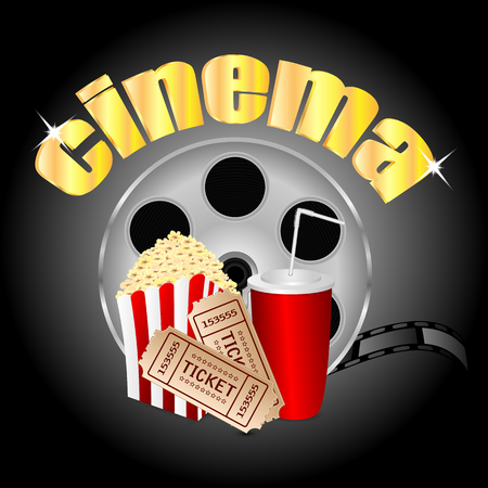 film with popcorn and a drink and movie tickets.cinema background.vectorのイラスト素材