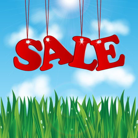 word sale on a background of blue sky and green grass.seasonal sale.のイラスト素材