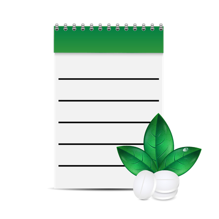 notepad medical prescriptions and pills.notepad and tablet with green leaves isolated on white background.vectorのイラスト素材