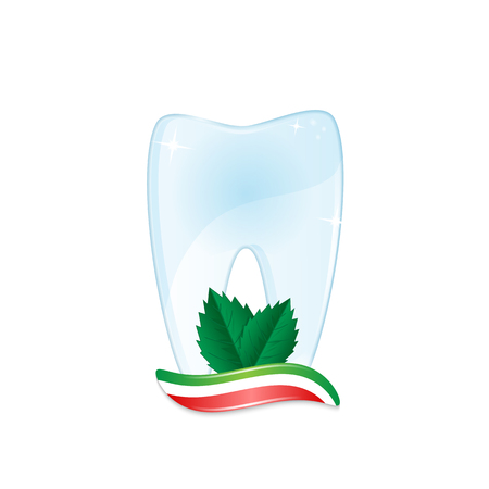 Healthy tooth with toothpaste and mint leaves isolated on white backgroundのイラスト素材