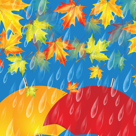 Autumn background with umbrellas, maple leaves and rain dropsのイラスト素材