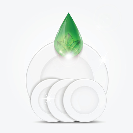 Set of clean dishes and green drop.dishwashing liquid on the background plates .vectorのイラスト素材