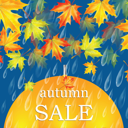Autumn banner with raindrops and umbrella and leaves of maple .Autumn saleのイラスト素材