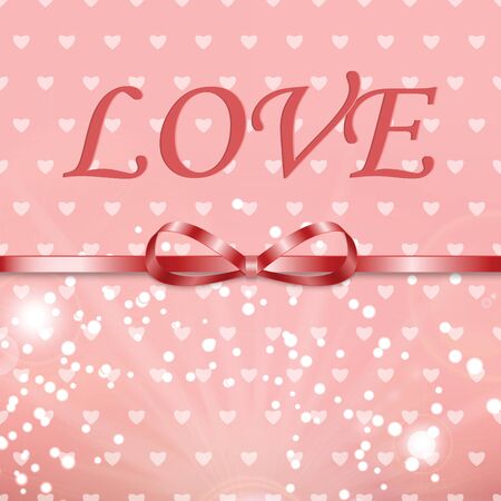 Background with hearts and ribbon for Valentine's day.Vector inscription love on a pink background with bokeh and light. Happy Valentines Day Card Design.のイラスト素材