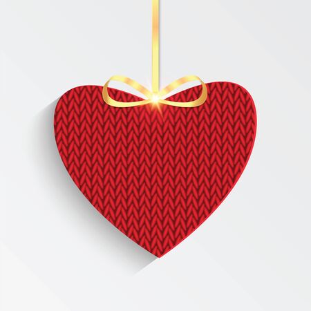 Gift card in the form of heart for Valentine's day.Knitted red heart with golden ribbonのイラスト素材