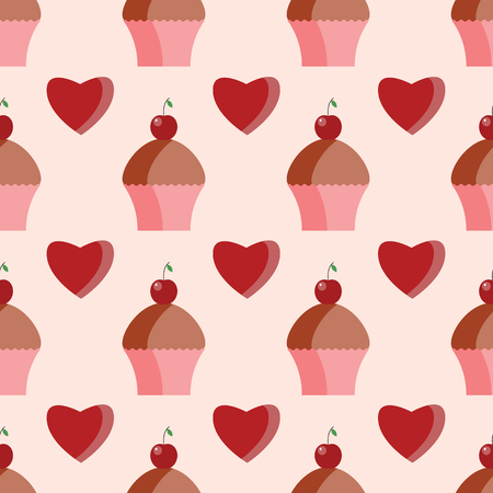 Seamless pattern of  cupcakes and hearts.Background in flat design for Valentine's Day and Birthdayのイラスト素材