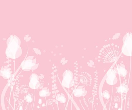 Spring background with flowers on pink background.Spring and summer floral design with flying butterfliesのイラスト素材