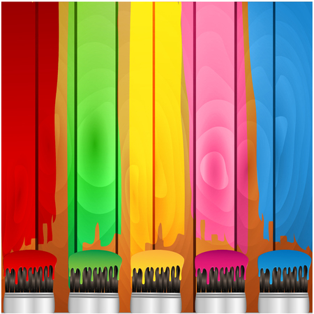 coloured stripes of paint and brush on a background wooden boardsのイラスト素材