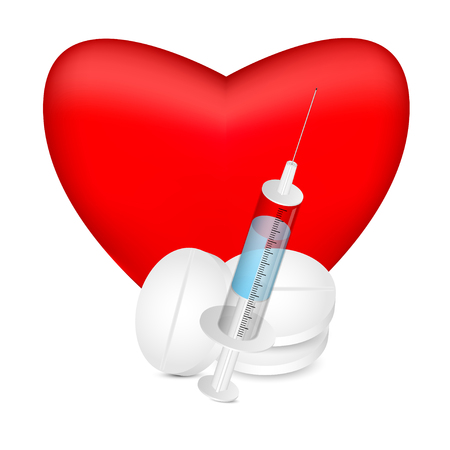 red heart with a syringe and pills on white backgroundのイラスト素材