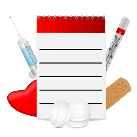 notebook and medetsinskie objects on a white backgroundのイラスト素材