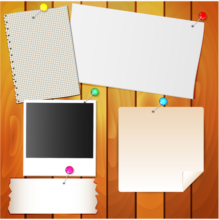 paper and stationery needles on the wall of woodのイラスト素材