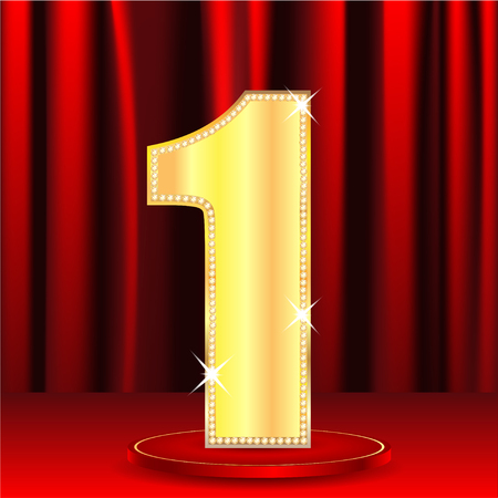 gold number one decorated by brilliant stones on a background a red curtainのイラスト素材