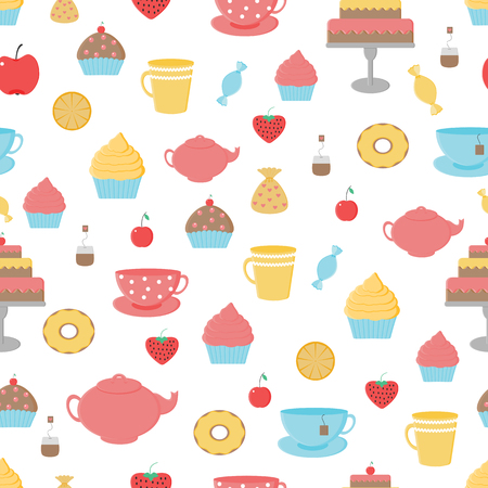 Tea,sweets seamless pattern.Tea Time.Crockery and sweets food.Background with tea, teapots, cups, donuts, cakes, cupcakes and fruitsのイラスト素材