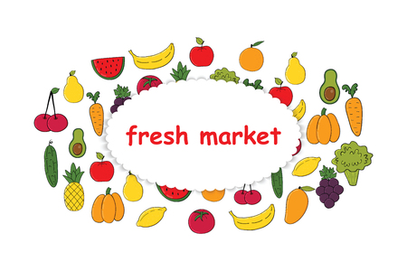 Set of fruits and vegetables.Banner with colorful fruits and vegetables isolated on white background .Vector illustrationのイラスト素材