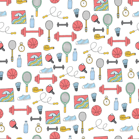 Seamless pattern of fitness and sport elements.Colorful fitness illustration.Vector hand drawn backgroundのイラスト素材